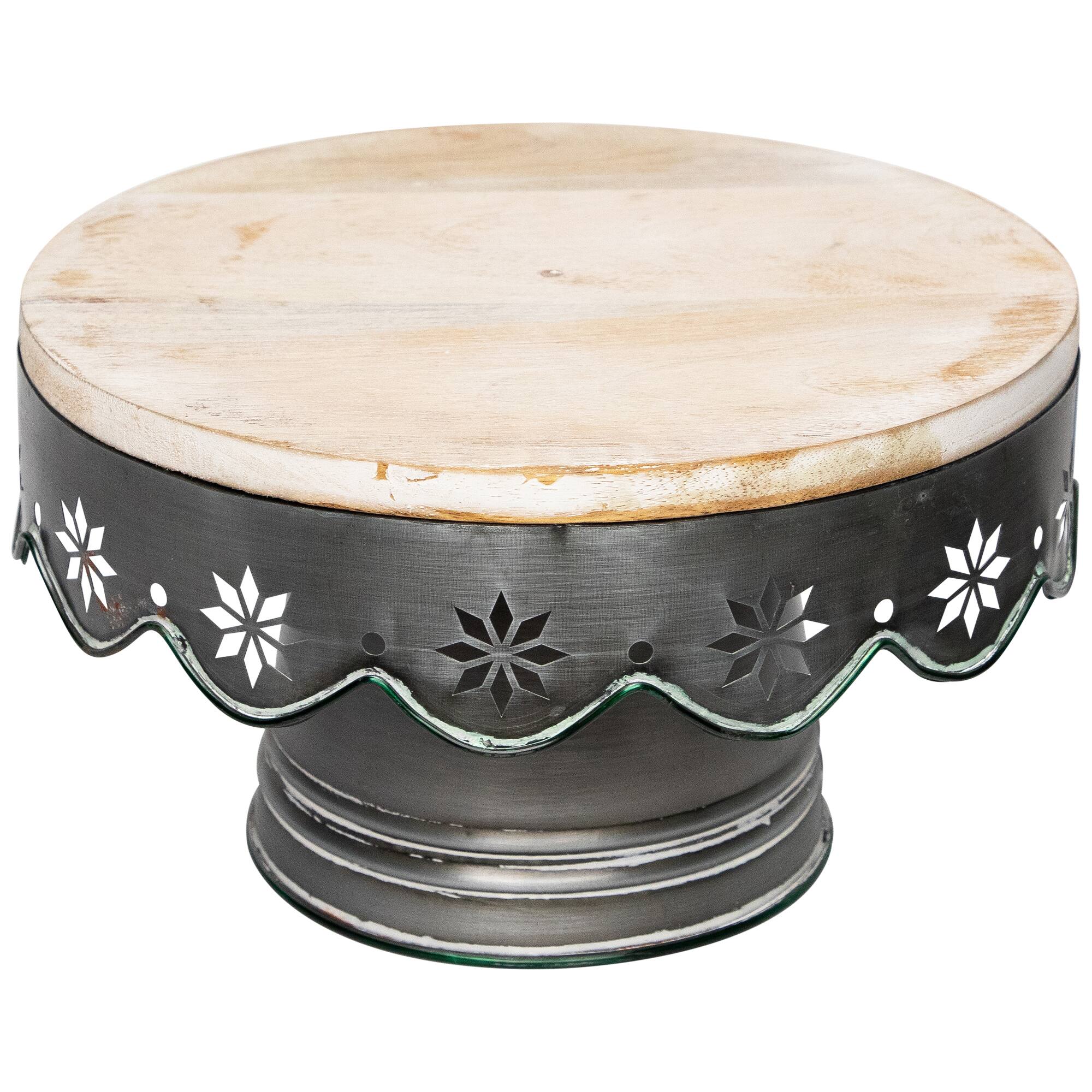 12" Laser-Cut Snowflake Distressed Iron & Wood Cake Stand